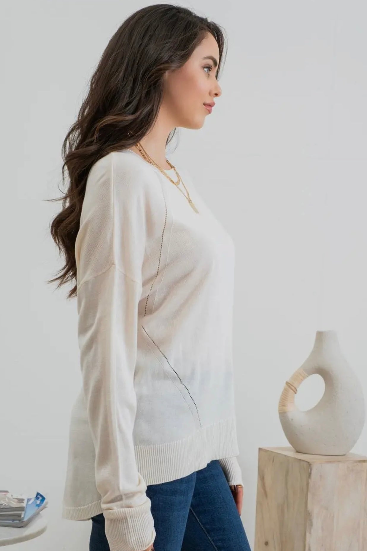 Round Neck Long Sleeve Button Back Sweater with High Low Hem