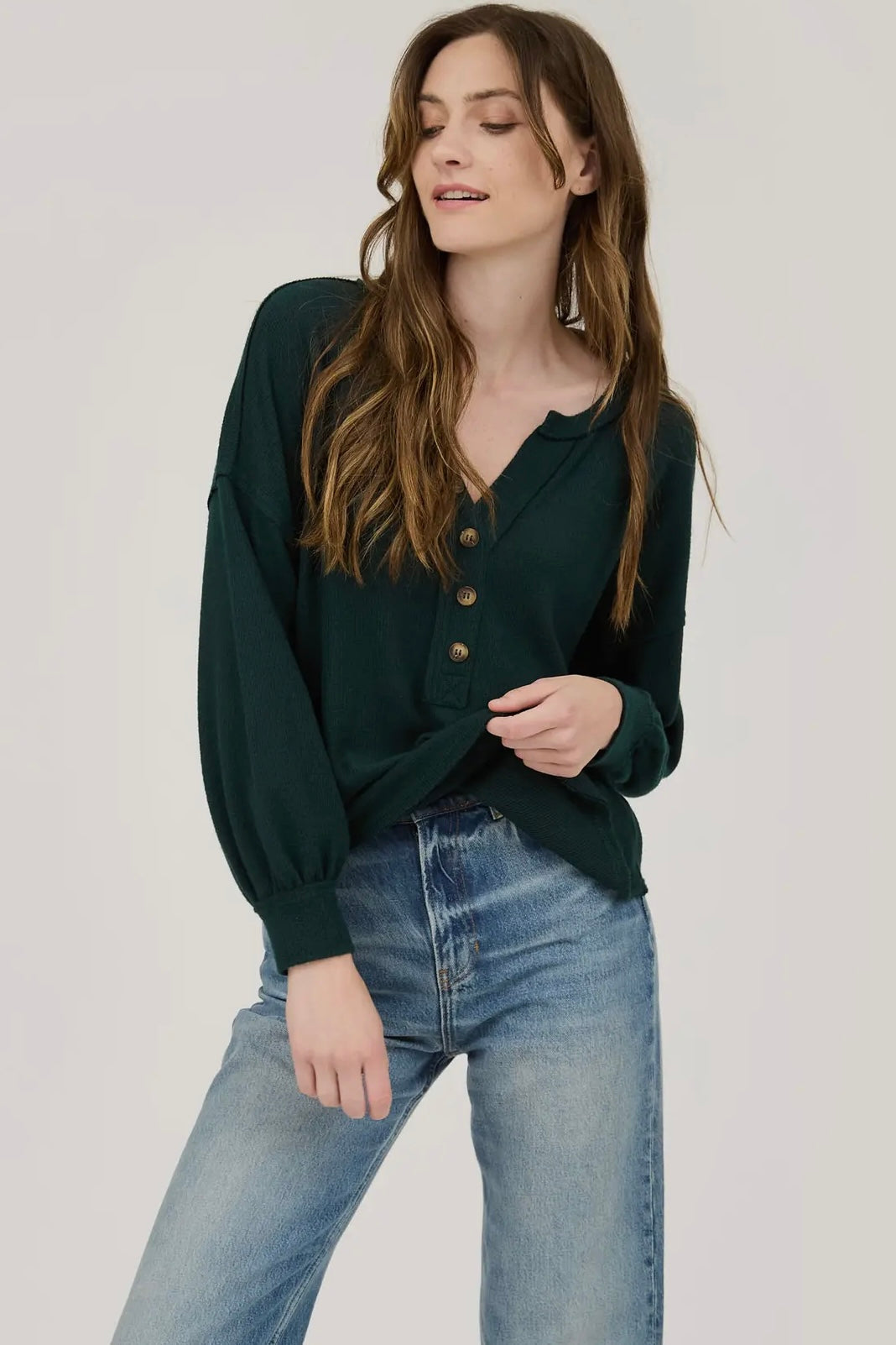 Hunter Green V Neck Long Sleeve Half Button Top with Exposed Seam Detail