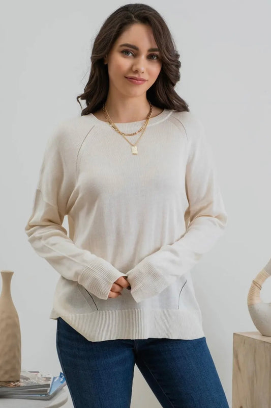 Round Neck Long Sleeve Button Back Sweater with High Low Hem