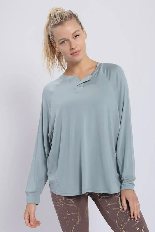 Blue Gray Tencel Butter Soft Long Sleeve Notched Flow Top