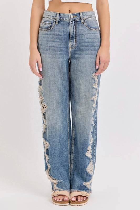 Cello High Rise Distressed Wide Leg Jean