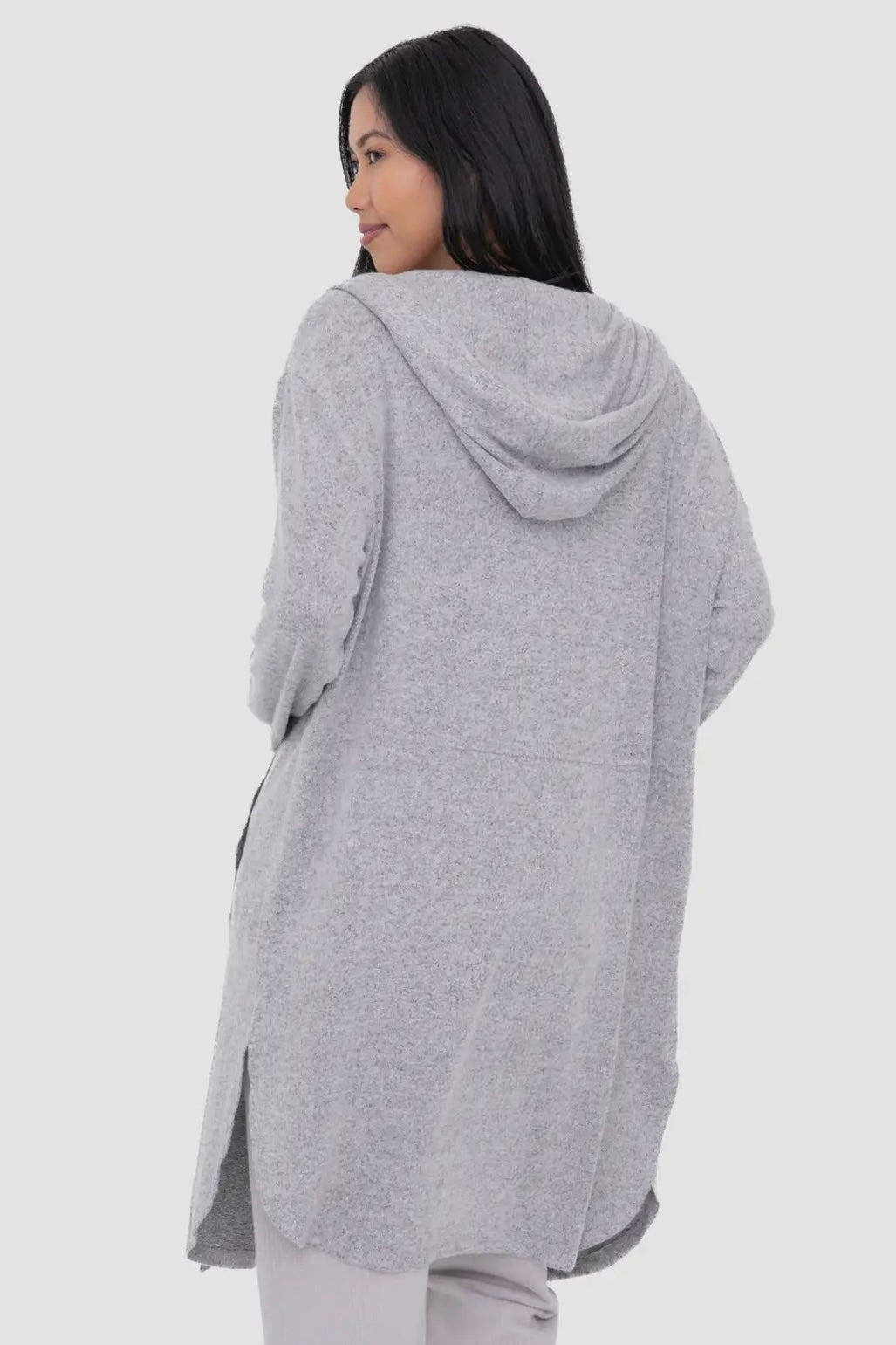 Heathered Charcoal Open Front Hooded Cardigan with Pockets