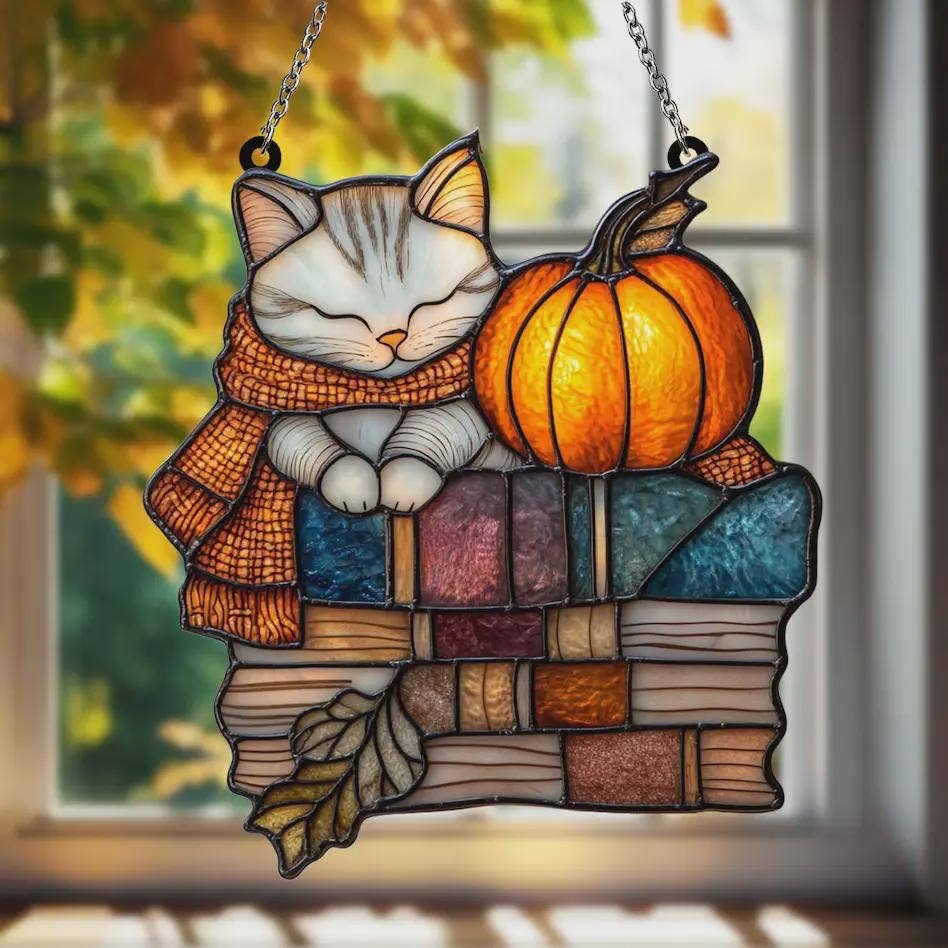 Autumn Cat with Fall Pumpkin Acrylic Window Hanging: 10x10"