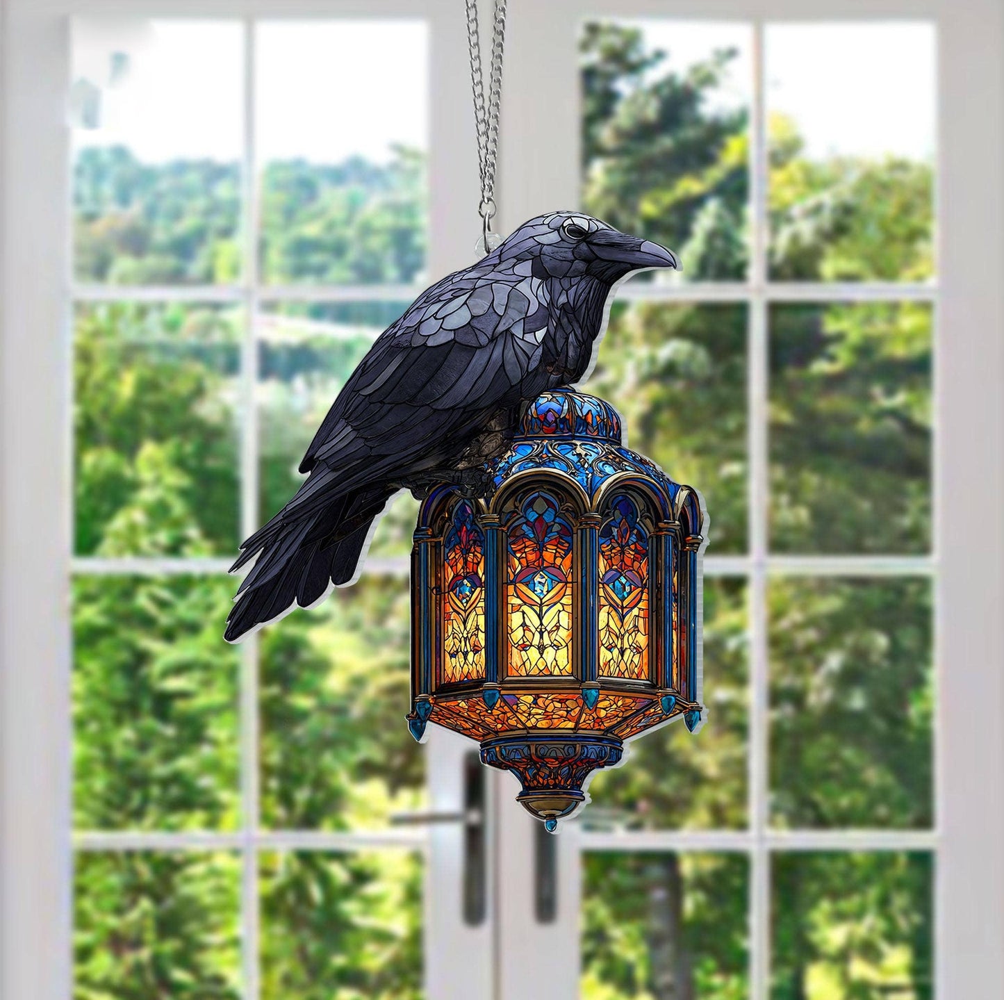 Halloween Gothic Raven On Lantern Acrylic Window Hanging: 10x10"