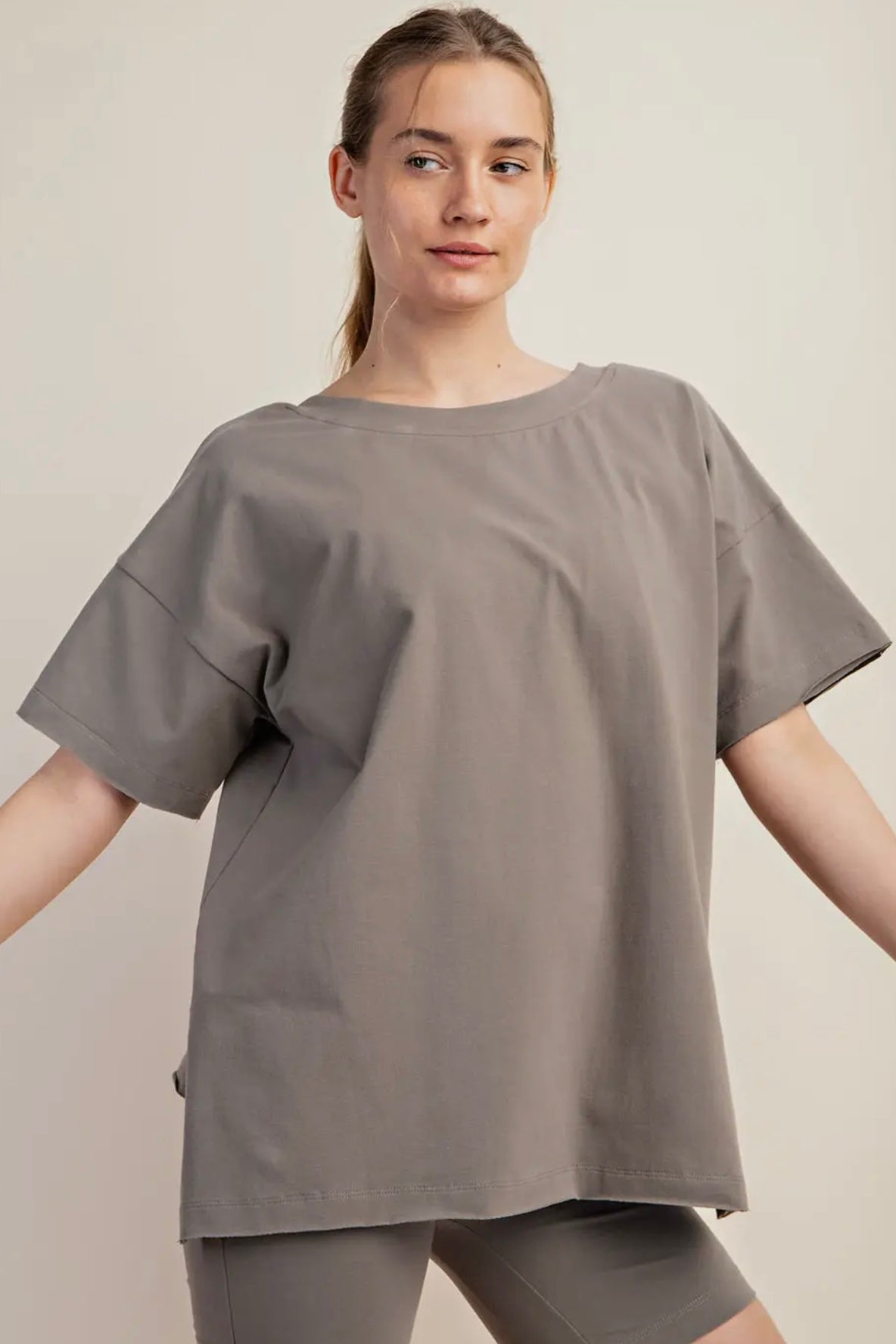 Smoky Olive Oversized Reversible V/Round Neck Short Sleeve Stretchy Tee