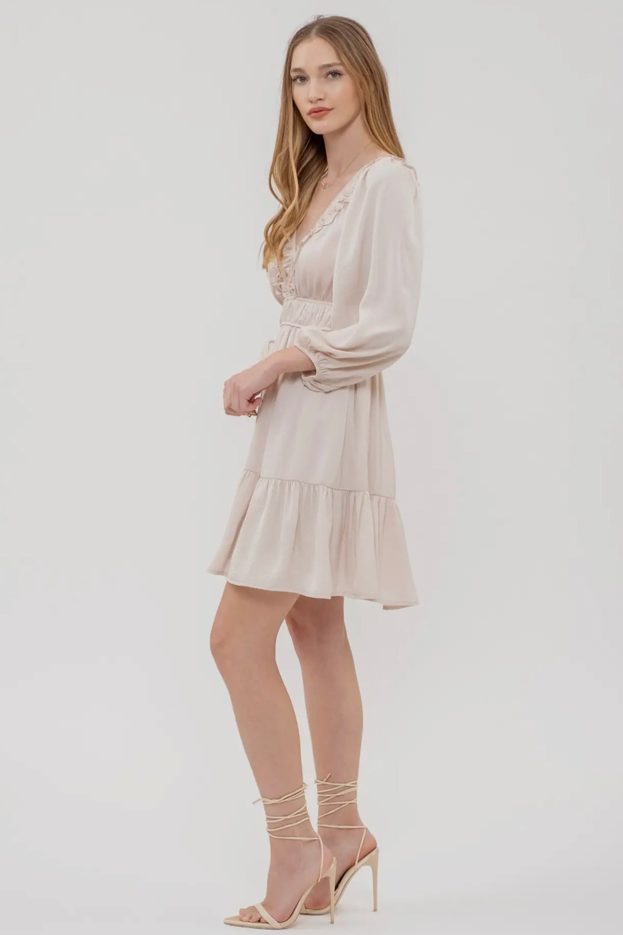 Champagne Ruffled V Neck Satin Tiered Boho Mini Dress with Long Sleeve