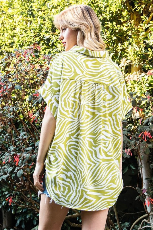 Jodifl Oversized Green and White Zebra Print Collared Button Up Top G8384-12