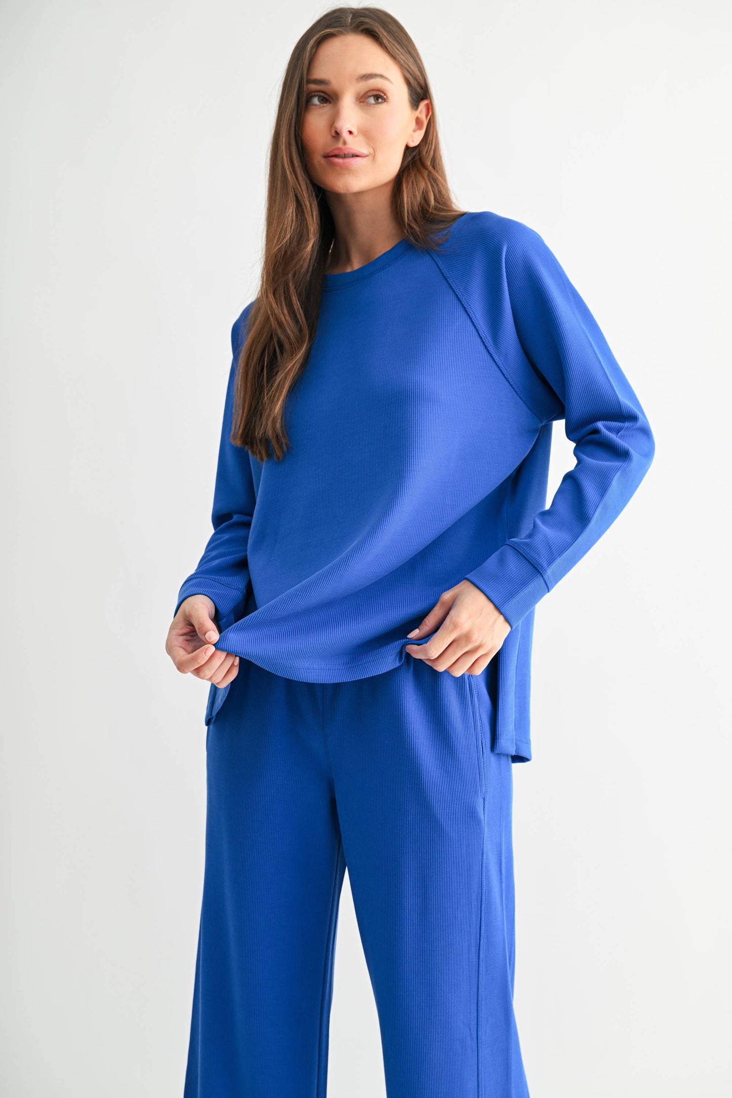 Deep Indigo Luxe Sand Wash Rib Raglan Long Sleeve Tee