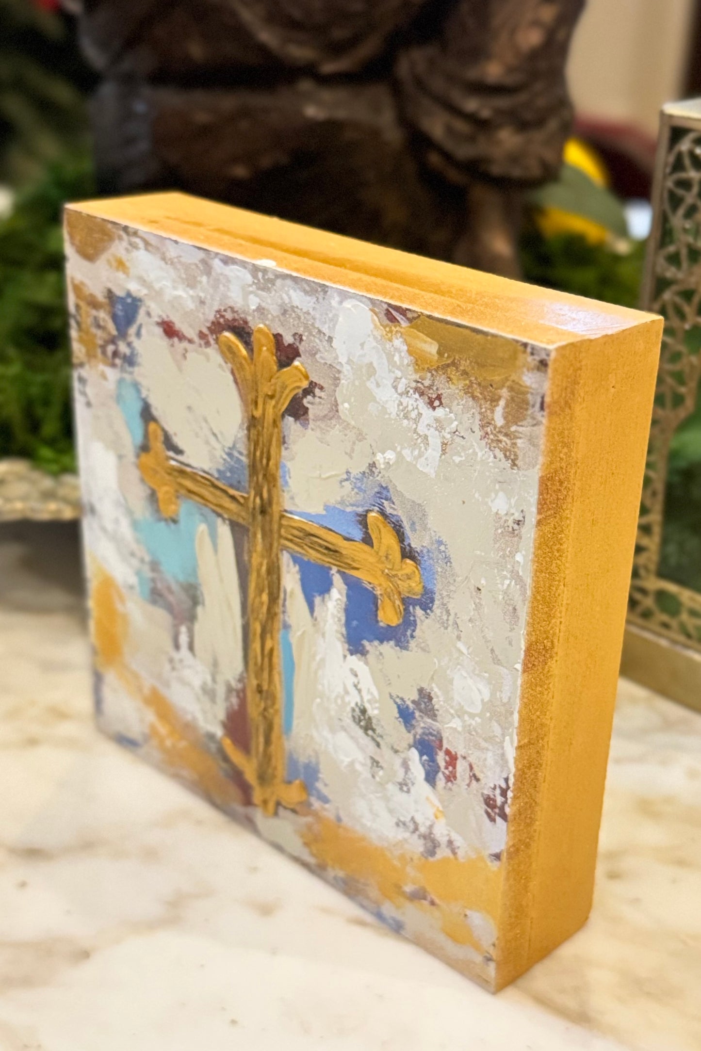 Golden Cross Wood Box Sign by Candice Boatright