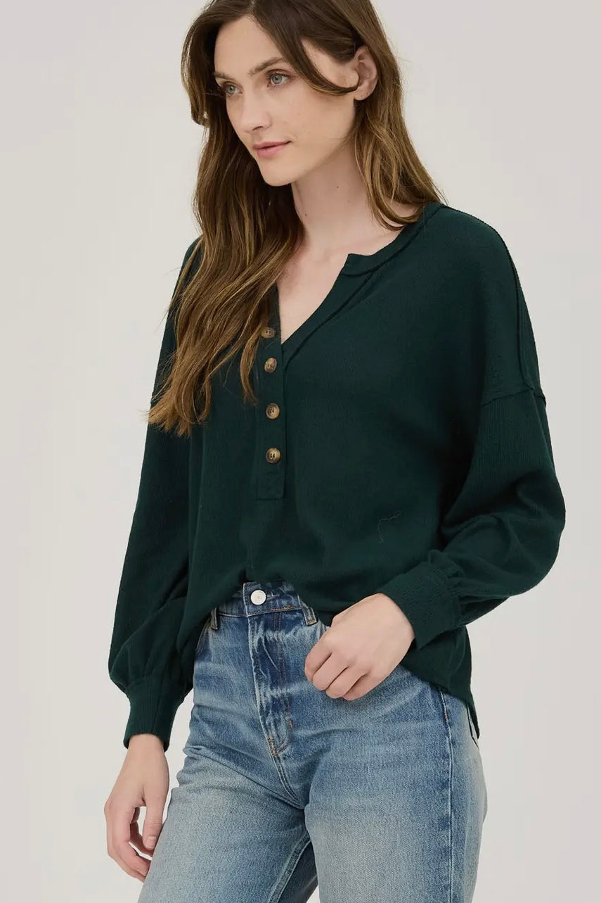 Hunter Green V Neck Long Sleeve Half Button Top with Exposed Seam Detail