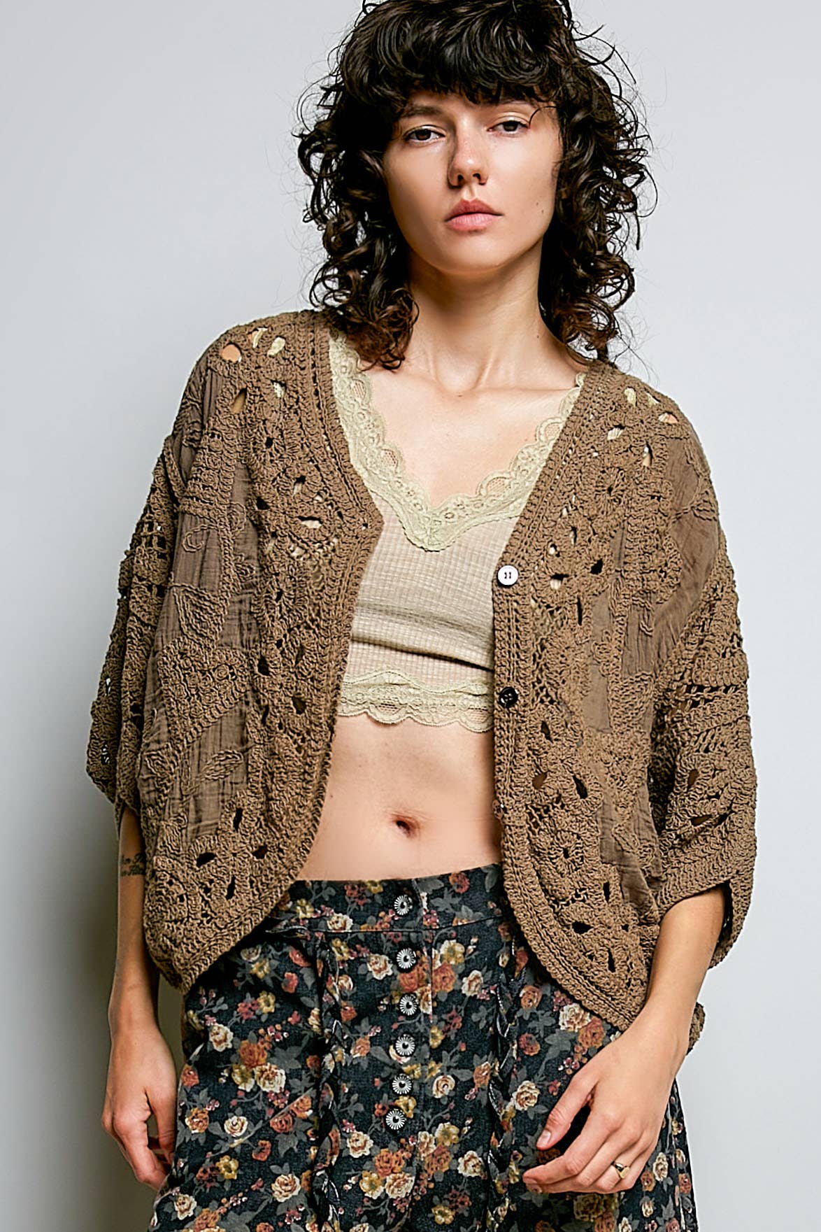 Cocoa POL Batwing Sleeve Button Down Solid Crochet Cardigan