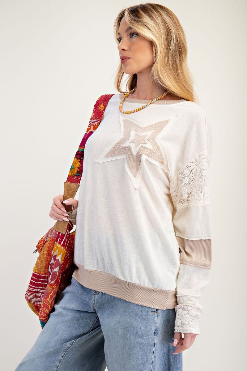 Easel Ivory Taupe Star Patch Long Sleeve Top