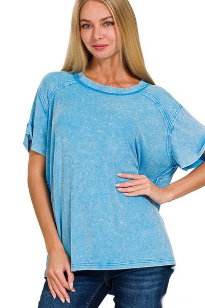 Deep Blue Sky Mineral Washed Stretchy Short Sleeved Top