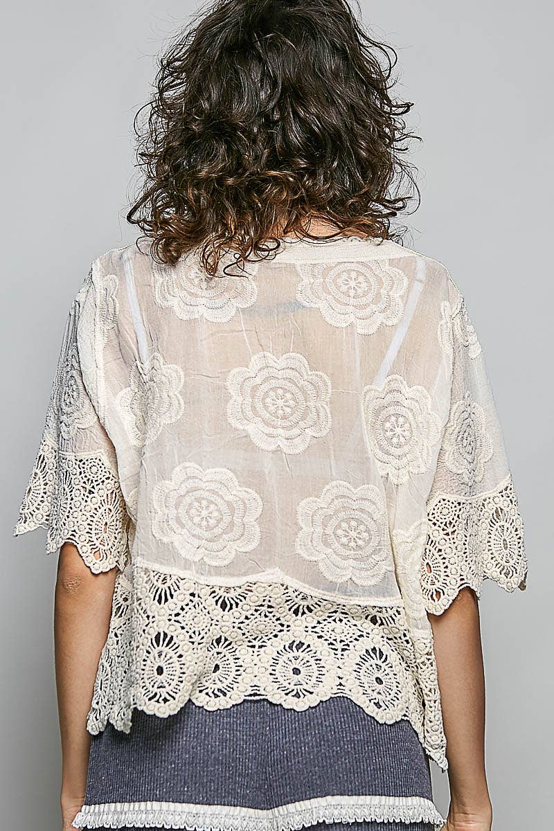 POL Crochet Trim Neckline Short Sleeve Top in Natural- One Size