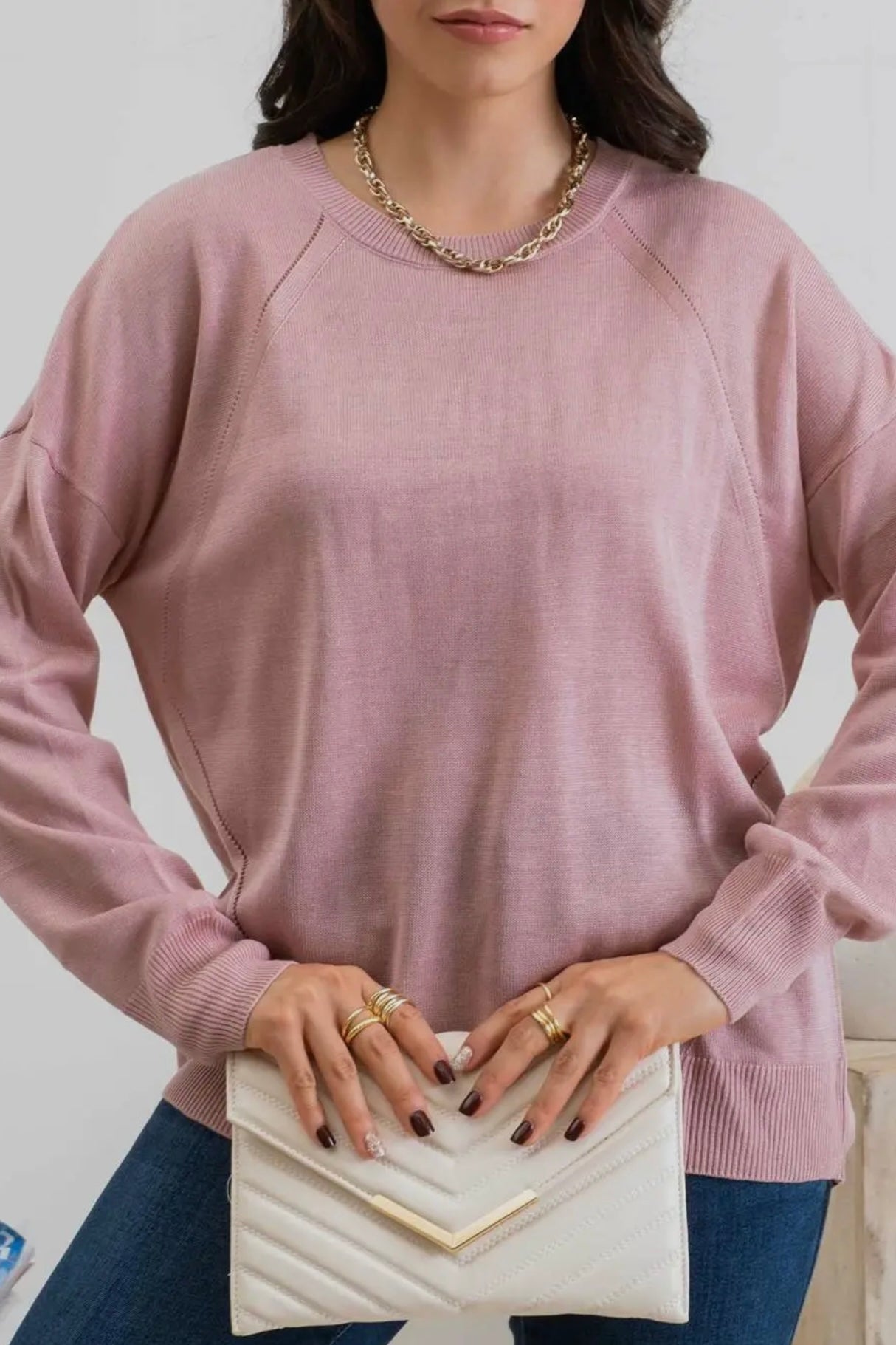 Round Neck Long Sleeve Button Back Sweater with High Low Hem