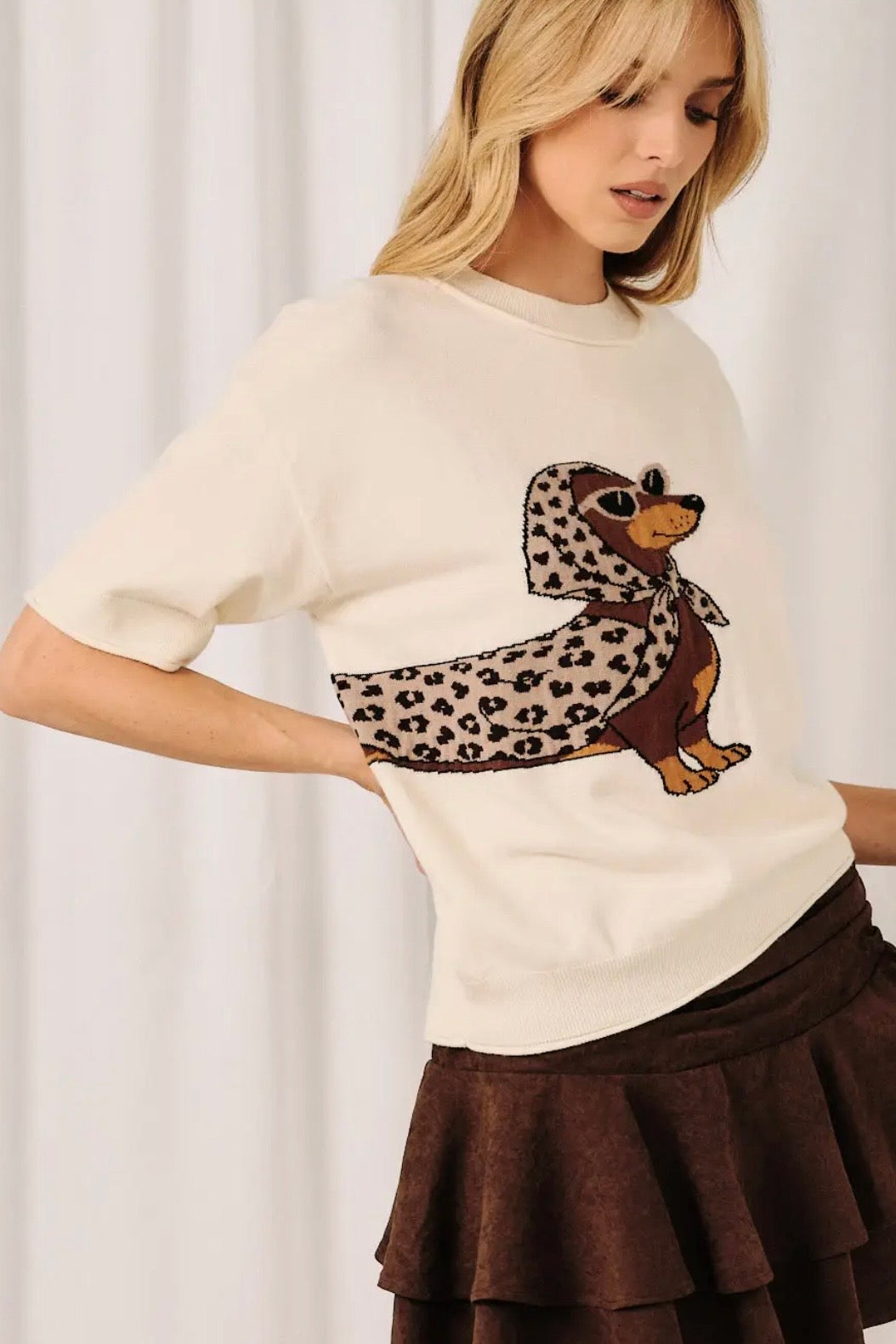 Cream Glam Dachshund Short Sleeve Sweater