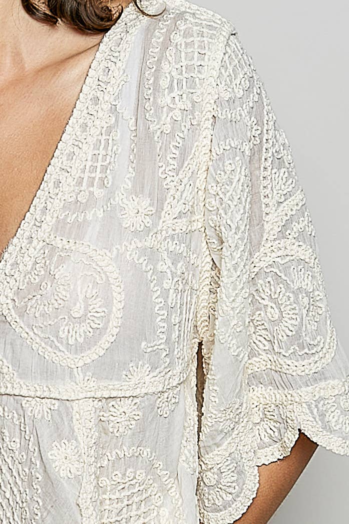 POL Short Sleeve V-neck Vintage Wash Crochet Top in Natural- One Size