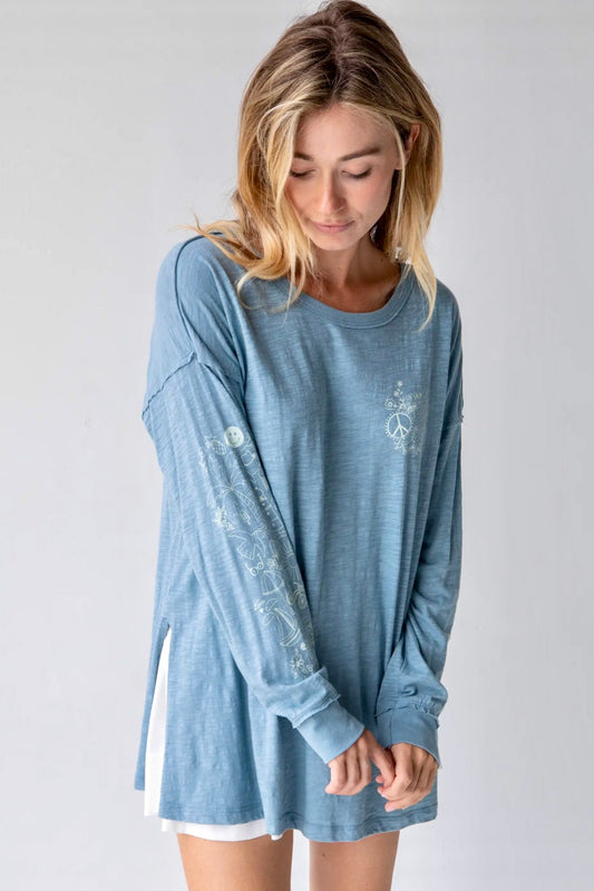 Natural Life Long Sleeve Cotton Doodle Tee - Light Blue