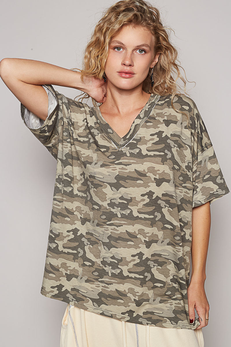 POL Camo Roomy V-Neck Top