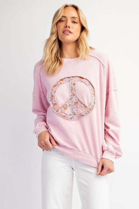 Pink Easel Stone Long Sleeve Mineral Washed Top with Floral Peace Sign