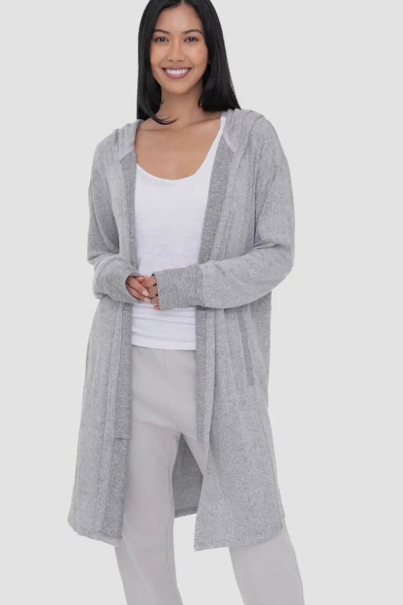 Heathered Charcoal Open Front Hooded Cardigan with Pockets