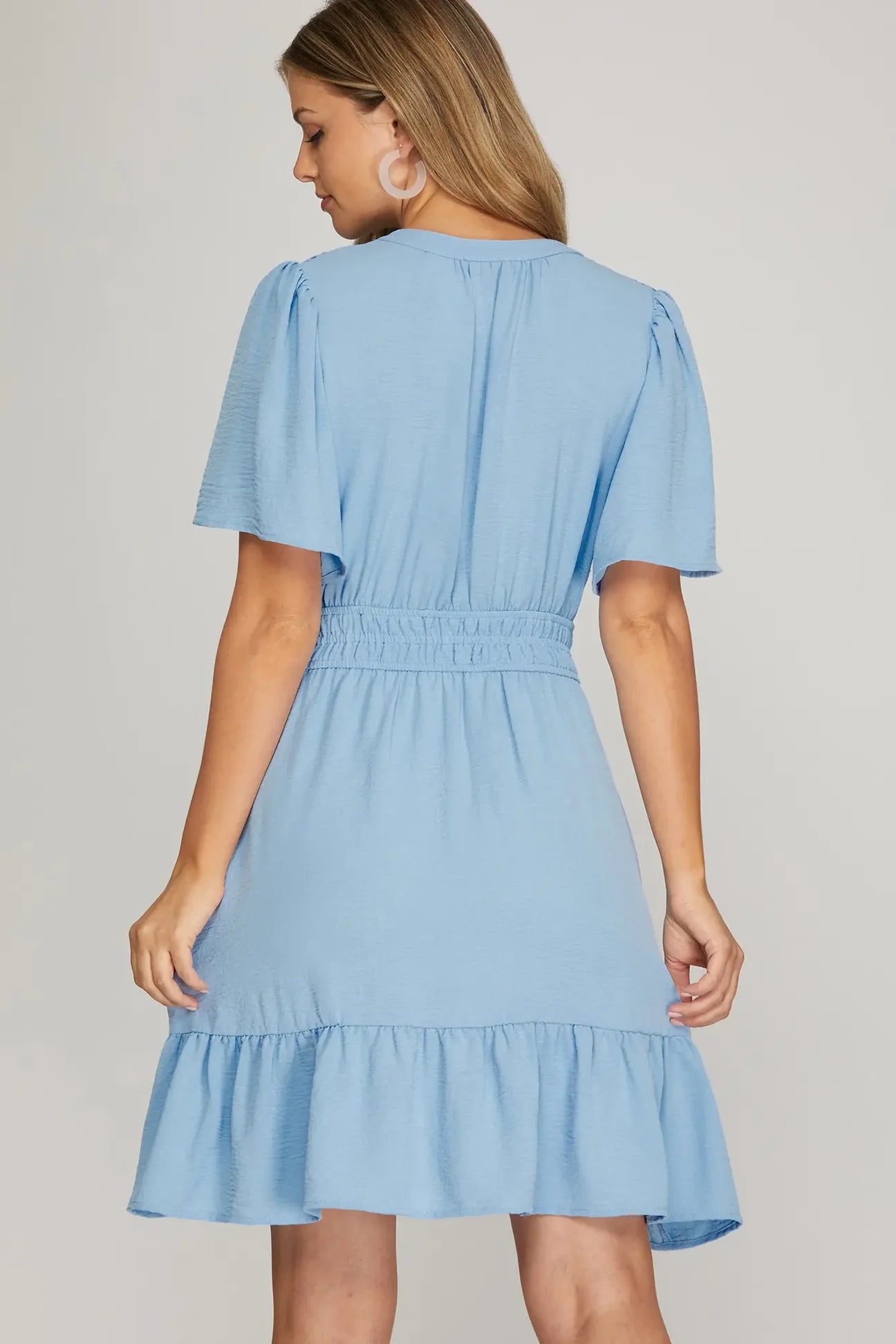 Light Blue Short Sleeve Tiered Short Dress