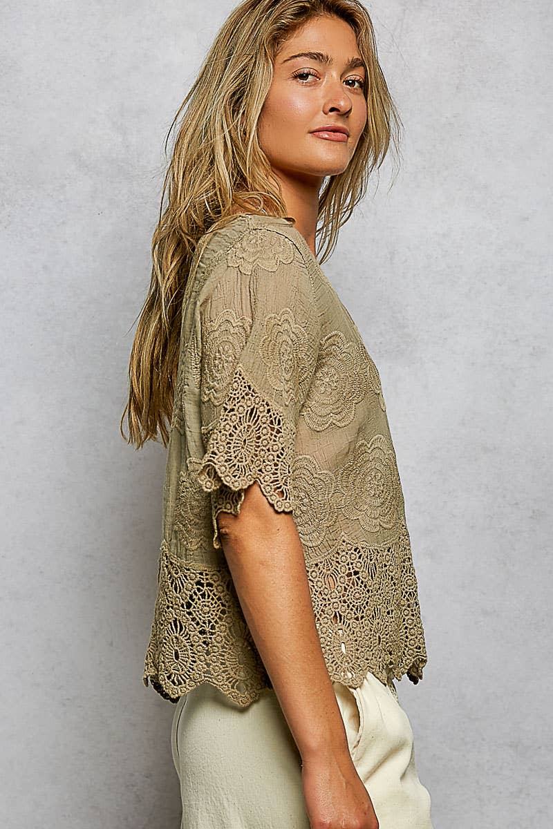 POL Crochet Trim Neckline Short Sleeve Top in Taupe- One Size