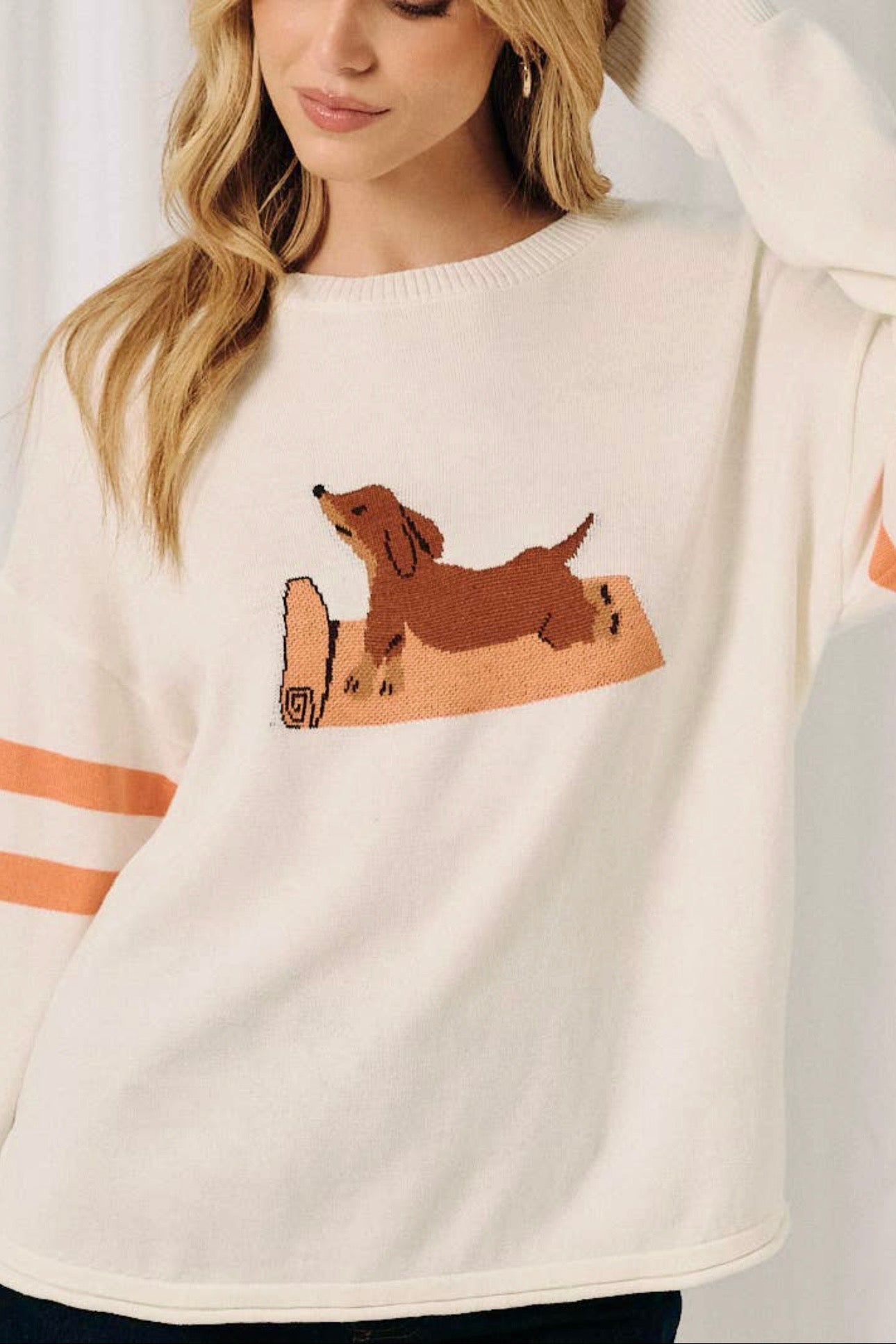 Cream Yoga Dachshund Long Sleeve Lightweight Sweater