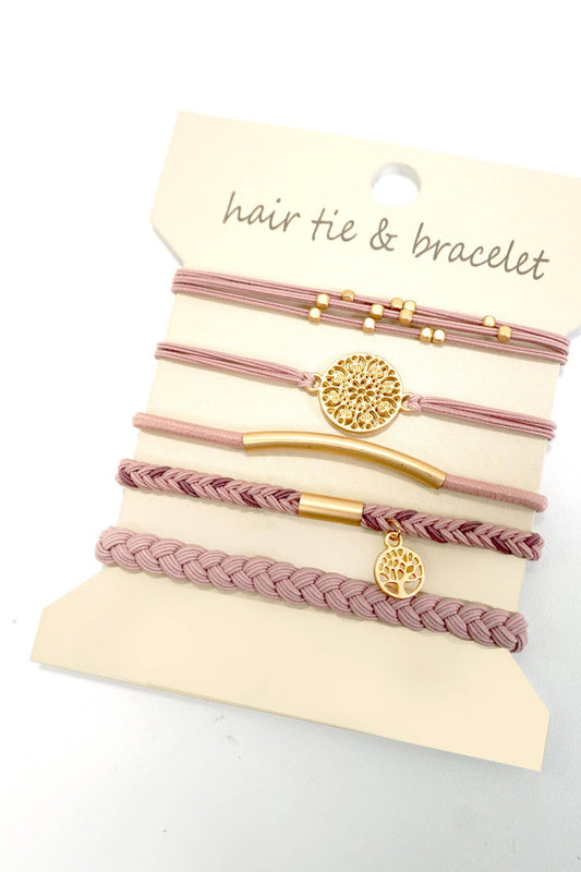 Boho Hair Tie Bracelet Set in Pink and Gold