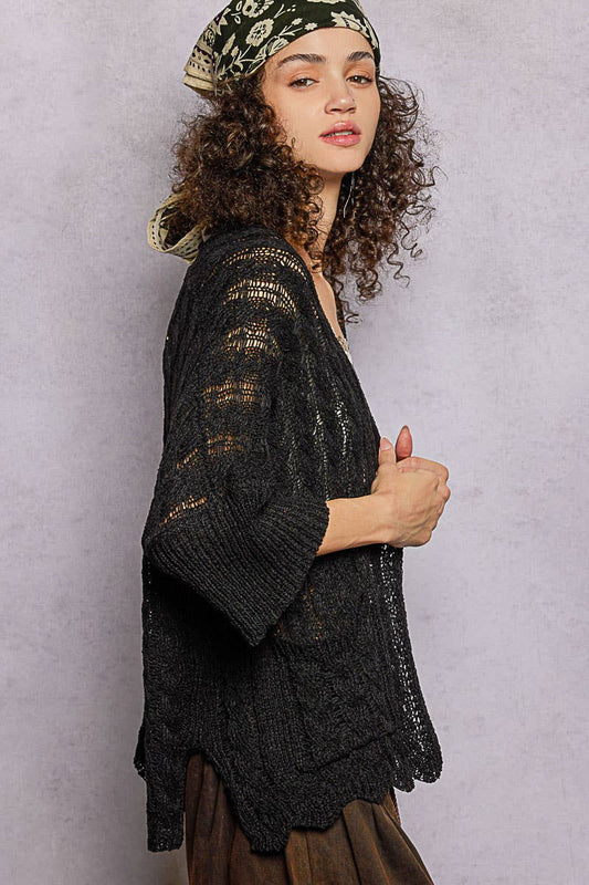 Black POL Short Sleeve Cable Acrylic Thin Sweater Cardigan
