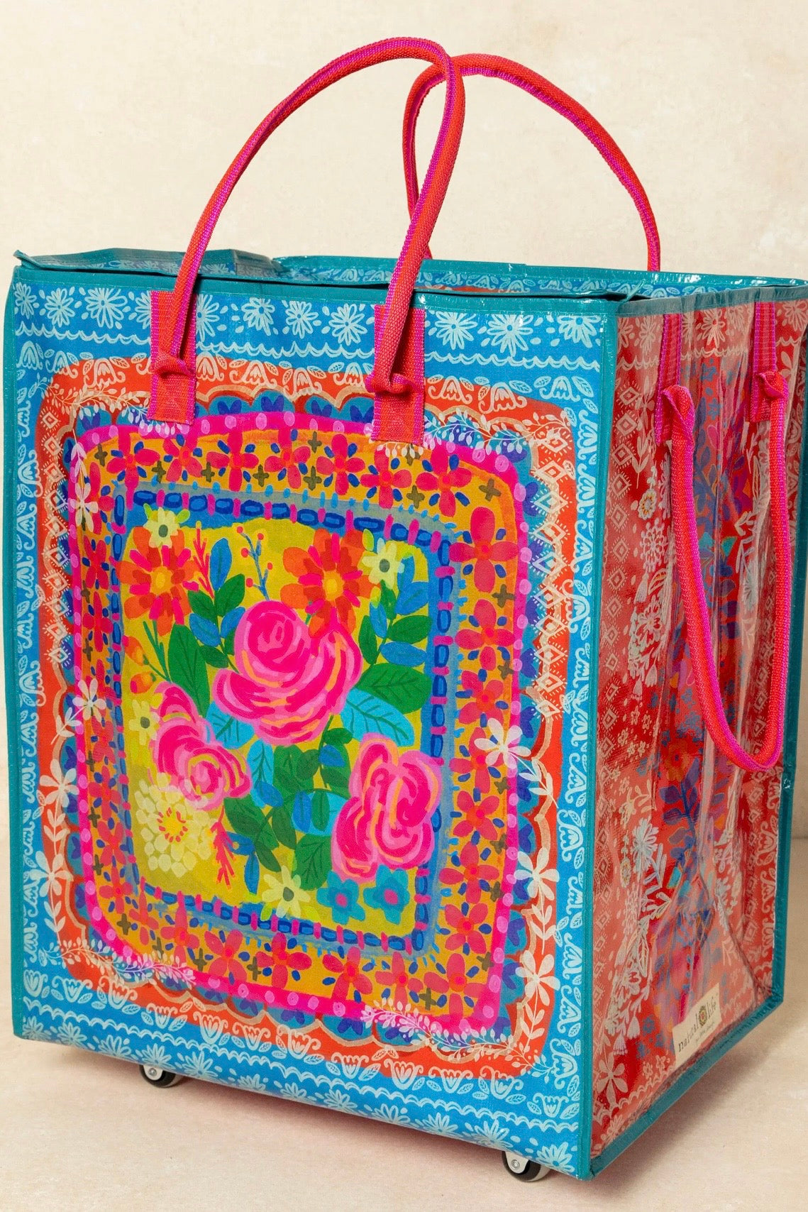 Natural Life XL Rolling Tote Bag - Teal Flower Bouquet