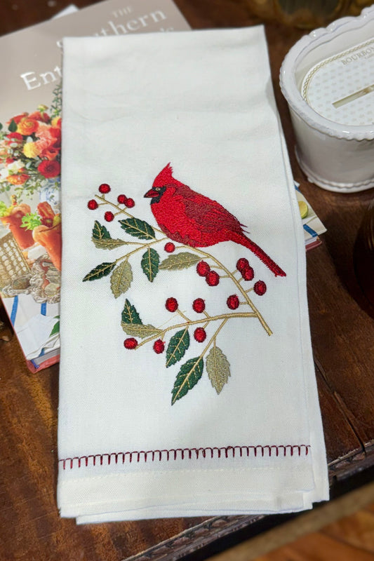 Williamsburg Holly Cardinal Embroidered Dishtowel