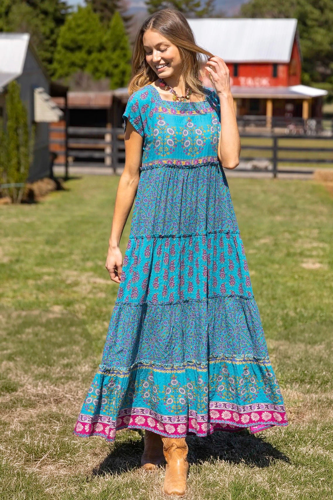 Natural Life Berkley Maxi Dress- Teal Wildflower Tiles