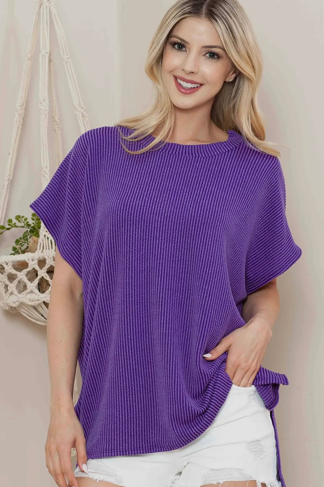 Purple Ribbed Mineral Washed Oversized Stretchy Top with Side Slits