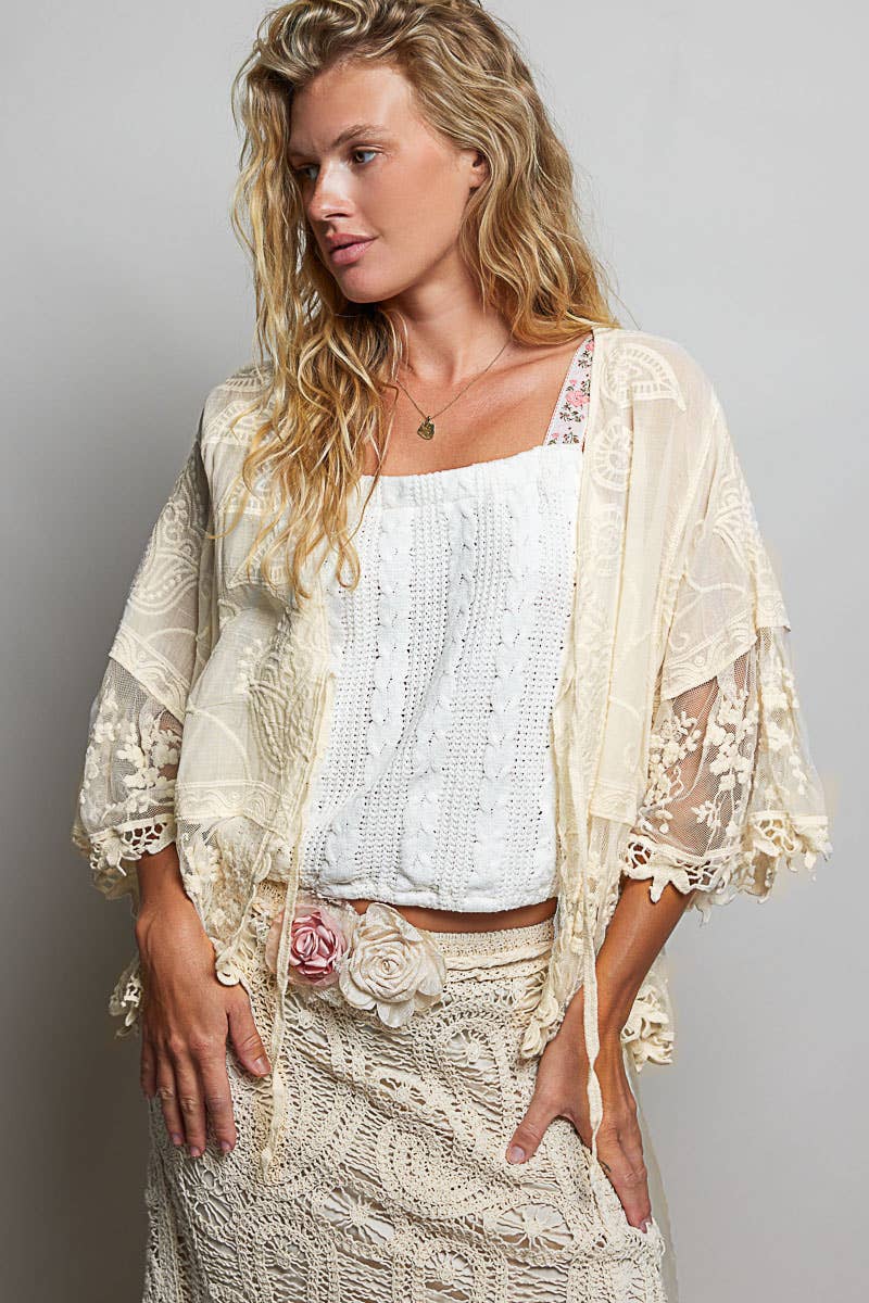 POL 1/2 Sleeve Lace Ruffle Trim Crochet Cardigan in Natural