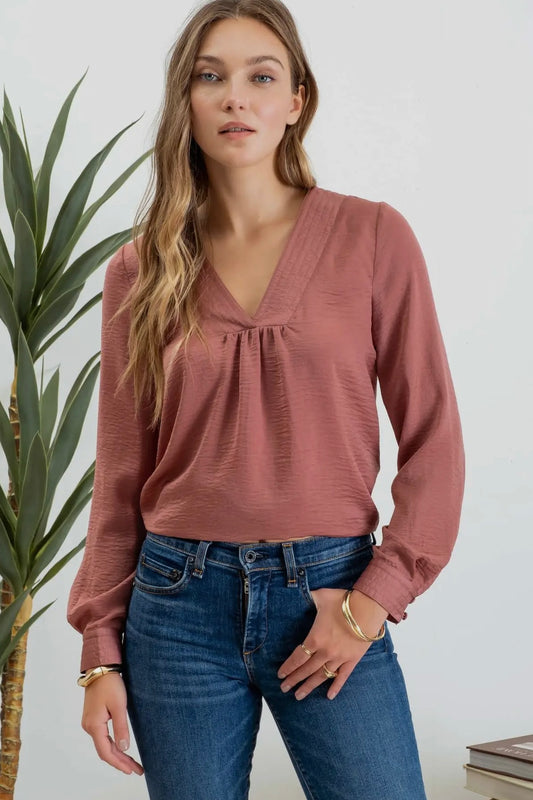 Mauve Textured Satin V Neck Long Sleeve Top