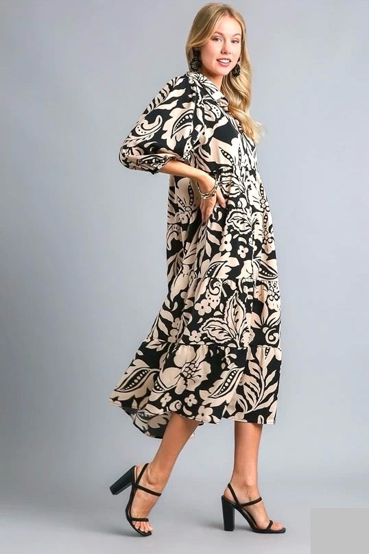 Umgee Black and Tan Floral Tiered Midi Dress with Collared Neck and 3/ Boutique Tallulah Umgee Black and Tan Floral Tiered Midi Dress with Collared Neck and 3/ Boutique Tallulah