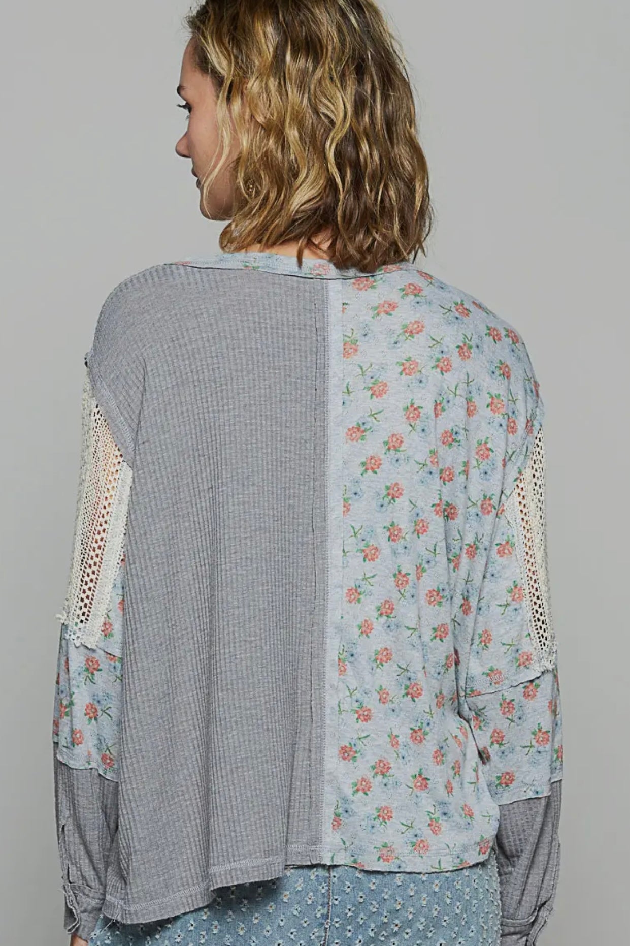 Gray Patchwork Crochet Accent Light Weight Long Sleeve Top by POL