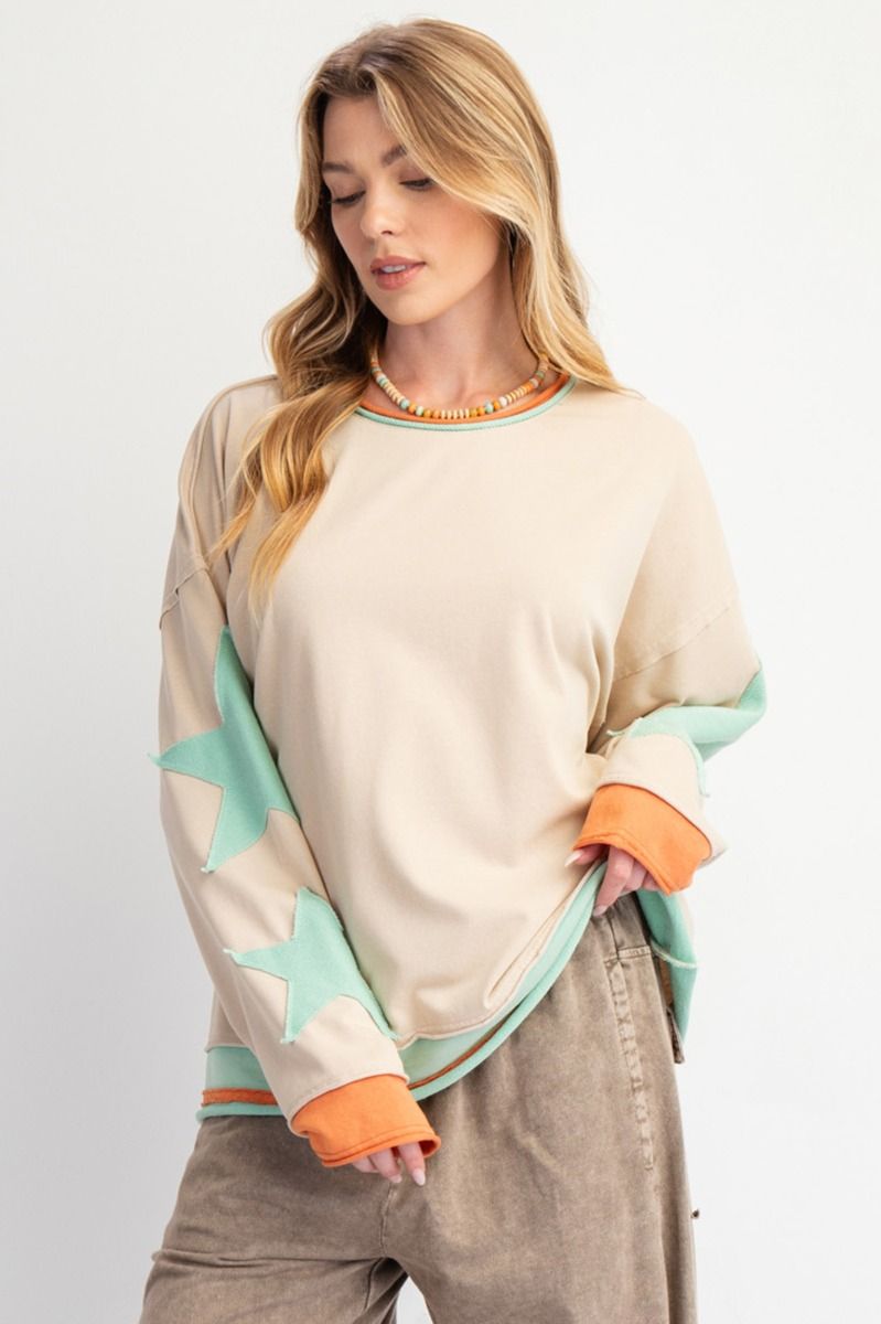 Easel Taupe Star Patch Long Sleeve Top