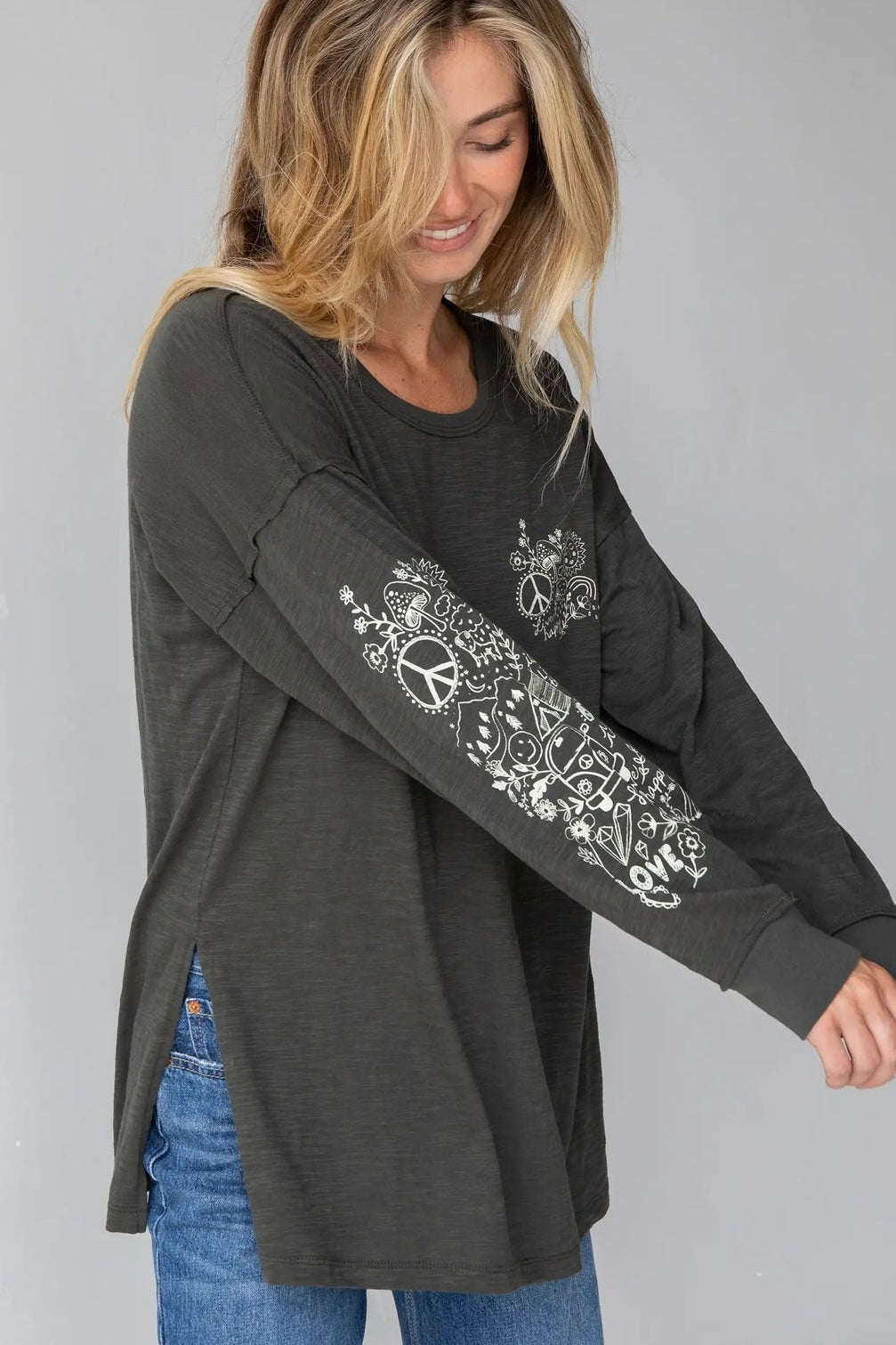 Natural Life Long Sleeve Cotton Doodle Tee - Charcoal