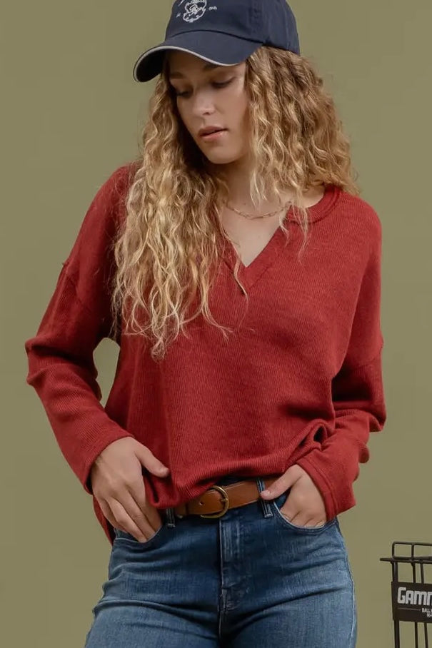 Burgundy V Neck Long Sleeve Top with Exposed Seam Detail