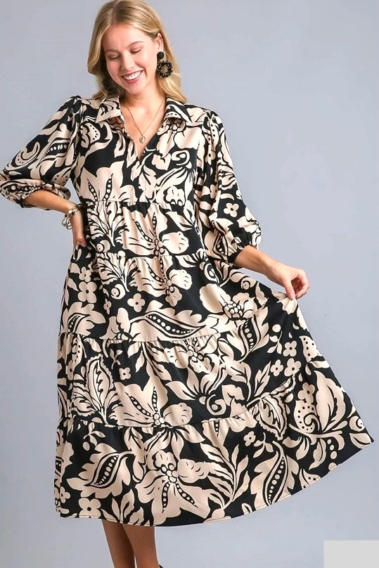 Umgee Black and Tan Floral Tiered Midi Dress with Collared Neck and 3/4 Sleeves