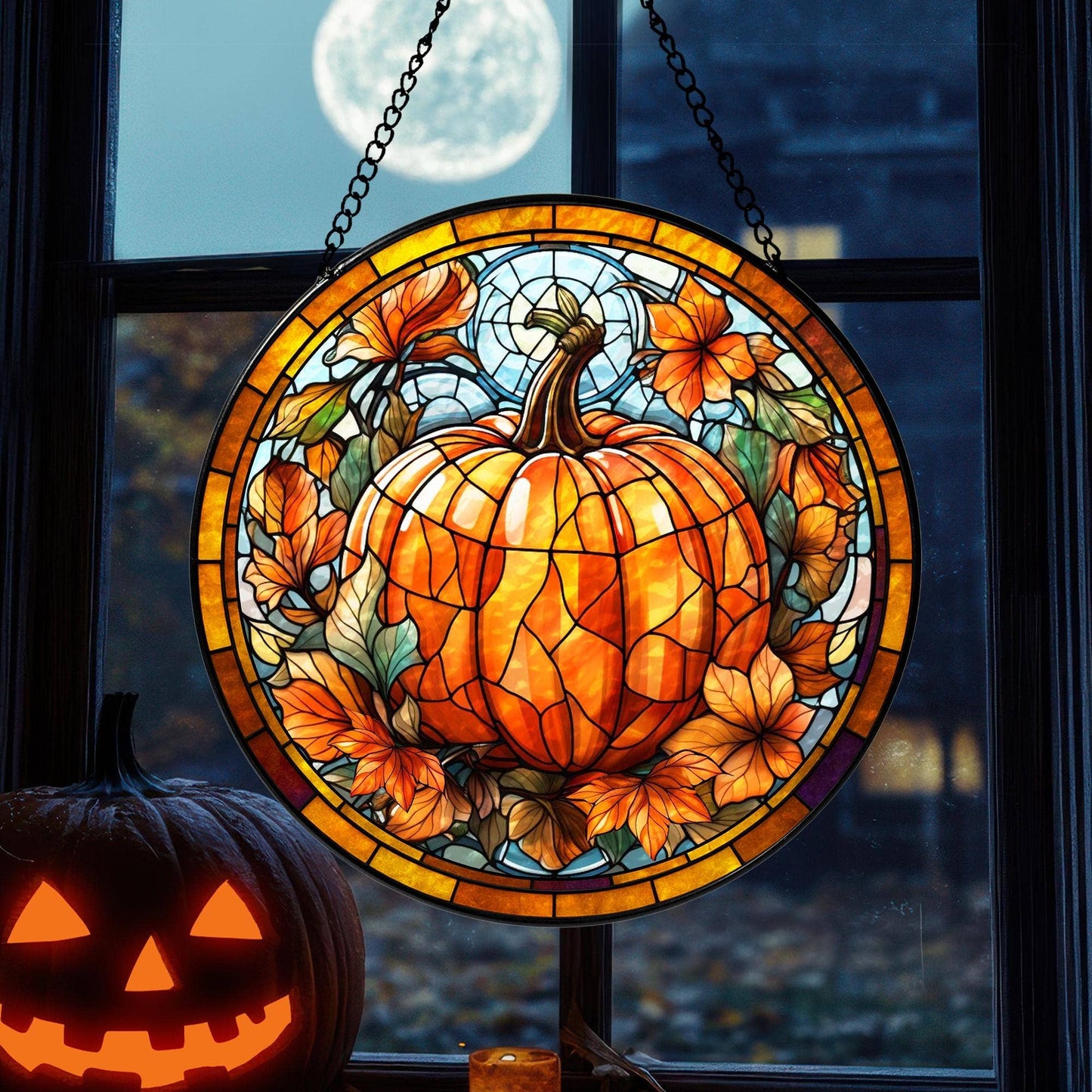 Halloween Stained Glass Suncatcher, Pumpkin Window Hanging: 9.8in
