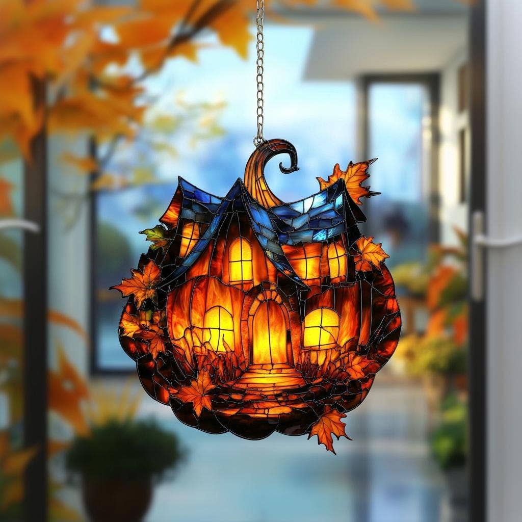 Pumpkin House Acrylic Window Hanging, Autumn Cottage Art: 12x12"