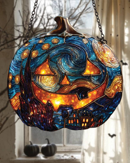 Pumpkin with Starry Night Halloween Acrylic Window Hanging: 10x10"