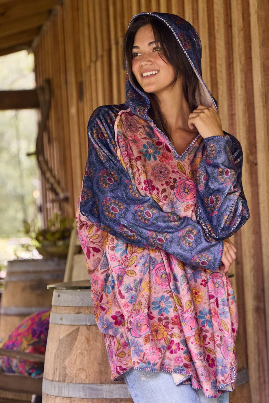 Natural Life One Size Cozy Blanket Hoodie- Light Pink Navy Medallion