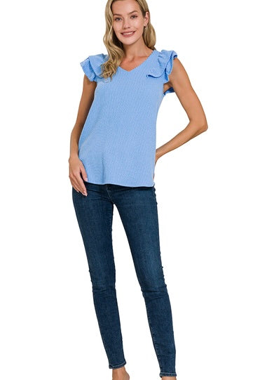 Zenana Sky Blue Ribbed Mineral Washed Stretchy Top with Flutter Sleeve