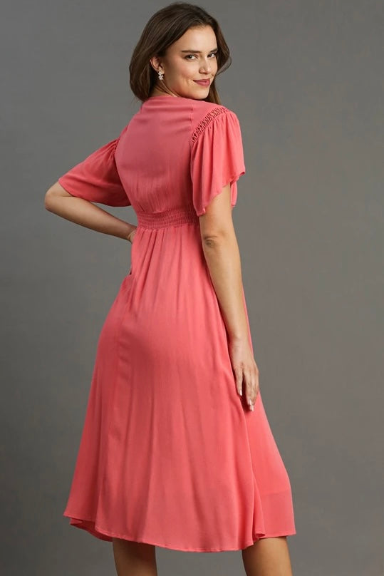 Umgee Coral Midi Dress with Smocking Details