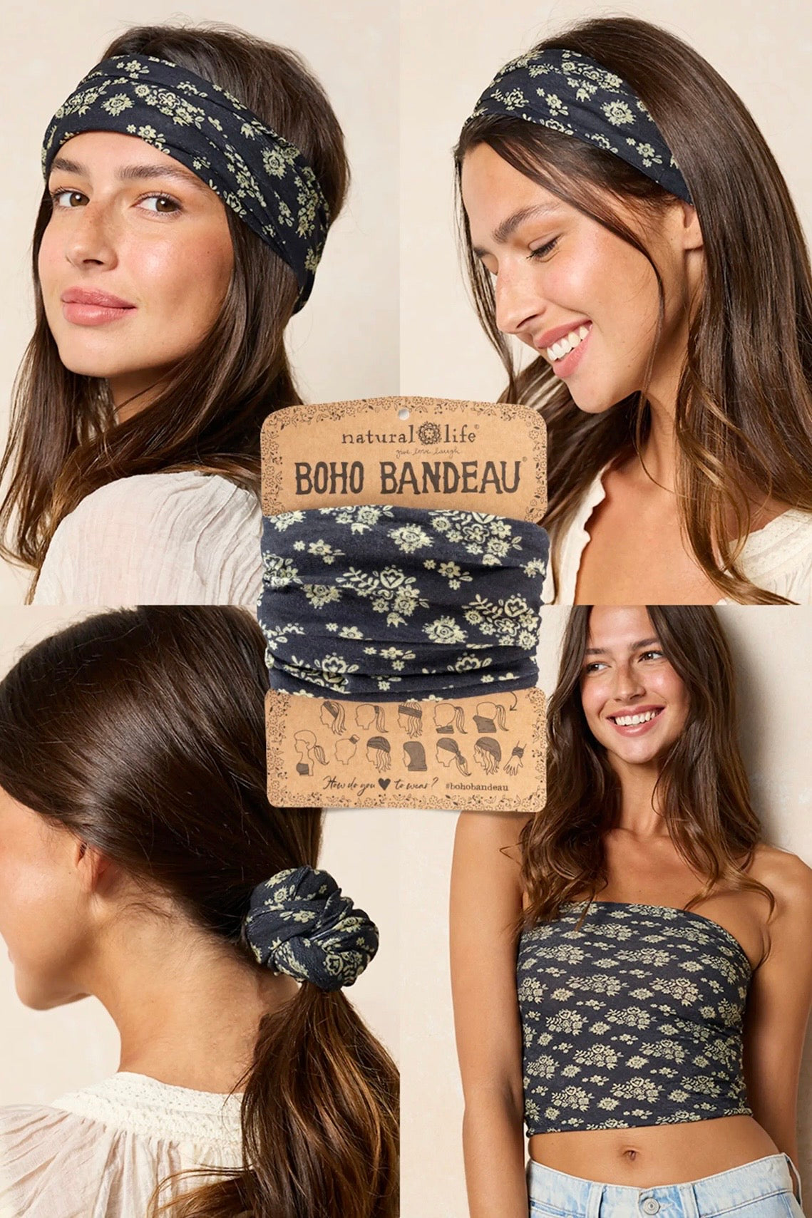 Natural Life Boho Bandeau Headband in Black Cluster Medallions