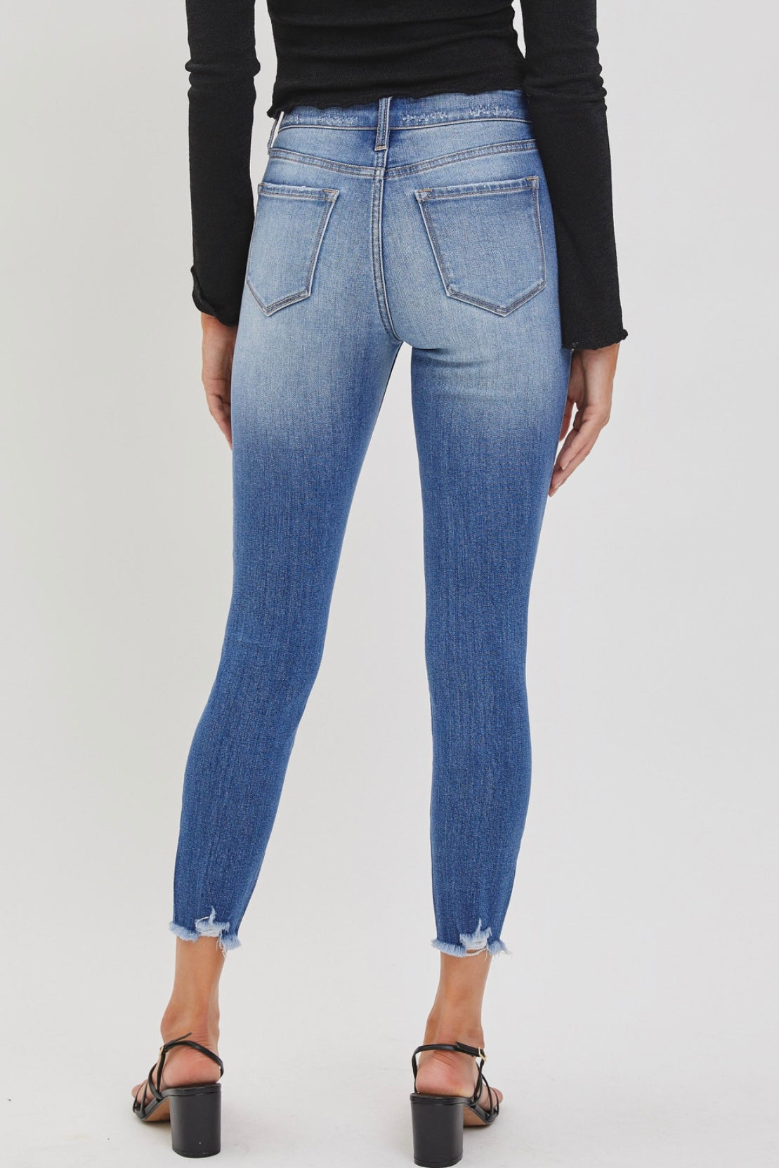 Cello Mid Rise Distressed Crop Skinny Jeans in Light Denim